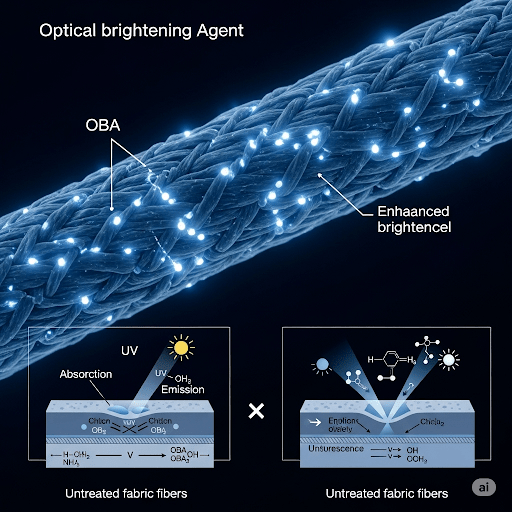 "Diagram illustrating how an optical brightening agent enhances the brightness of fabric fibers by absorbing UV light and emitting blue light."