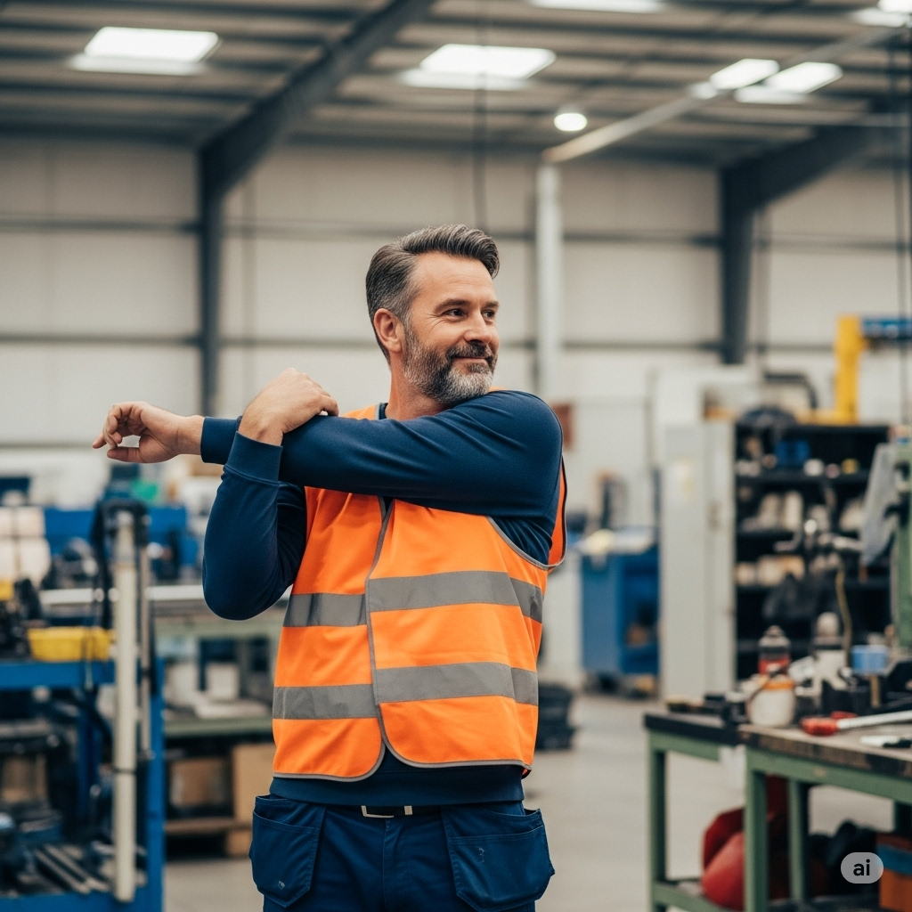image of a maintenance and quality control worker demonstrating a healthy practice:
A middle-aged maintenance and quality control worker with a beard stretches before work in a well-lit industrial setting.