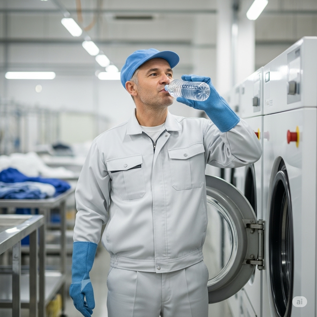 a garment washing and finishing worker demonstrating a healthy practice