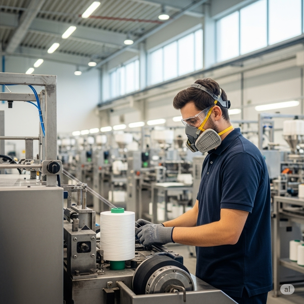 image of a polyester fiber manufacturing factory worker in a safe and healthy environment