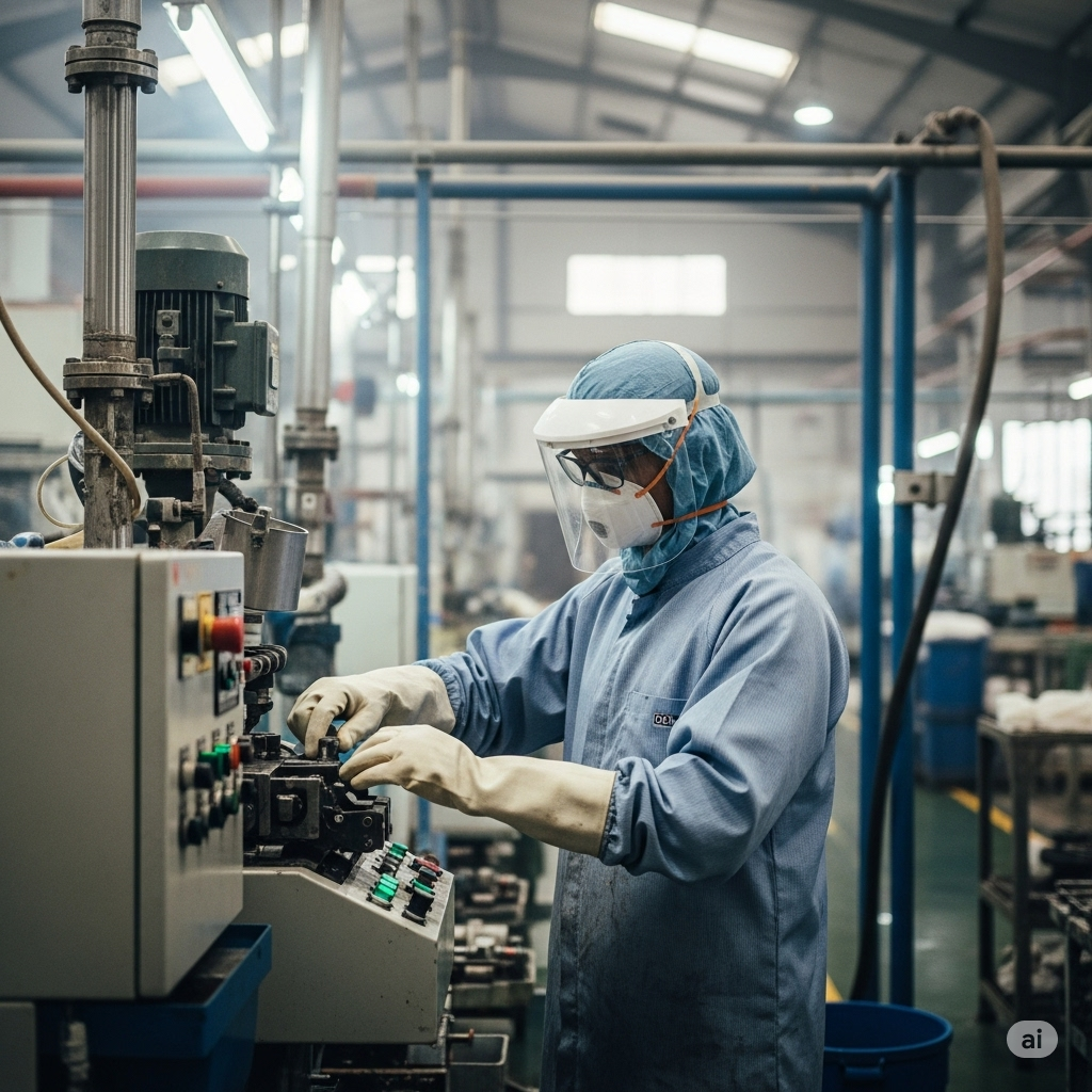 image of a viscose rayon manufacturing factory worker in a factory environment