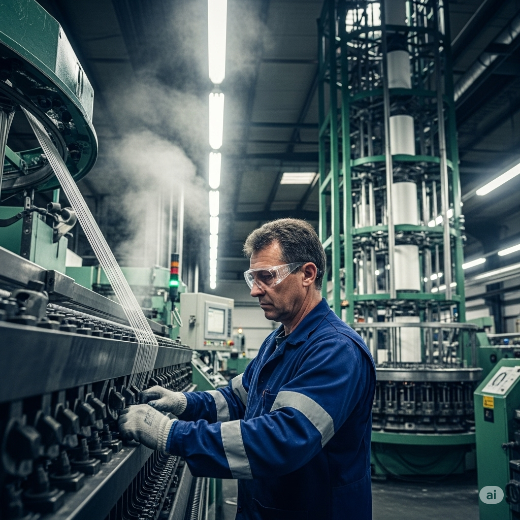 A middle-aged man in a dark blue uniform, safety goggles, and gloves operates large machinery in a nylon manufacturing factory.