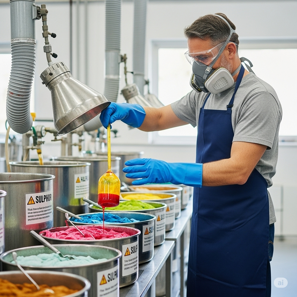 A worker wearing full protective gear demonstrates safe handling of sulphur dyes in a well-ventilated dyehouse