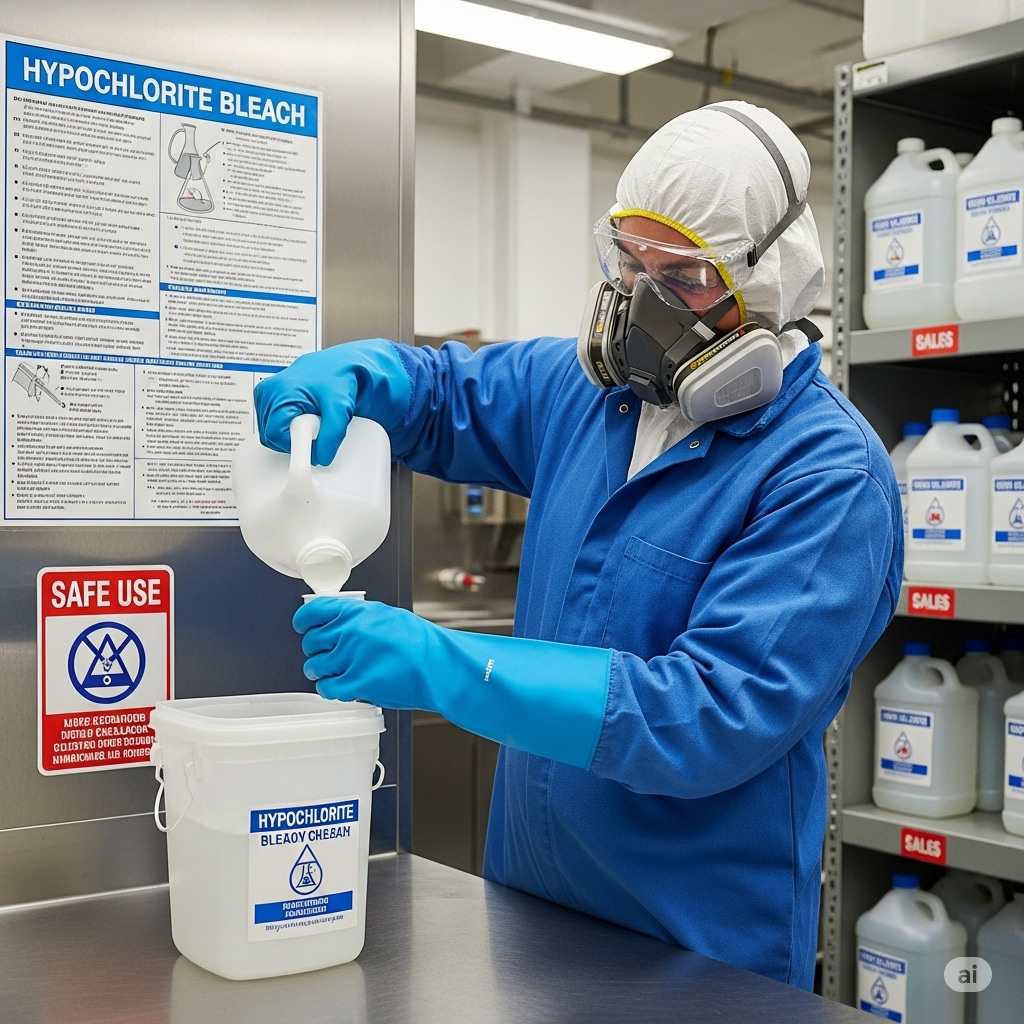 Here's an image of a worker demonstrating safe practices while bleaching with hypochlorite bleach: