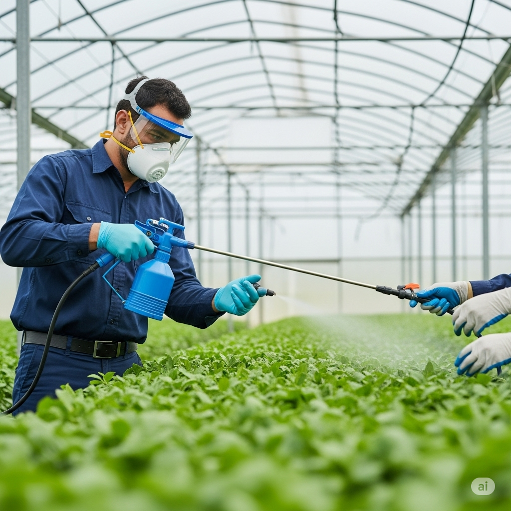 an image of a worker demonstrating safe practices while using PP spray