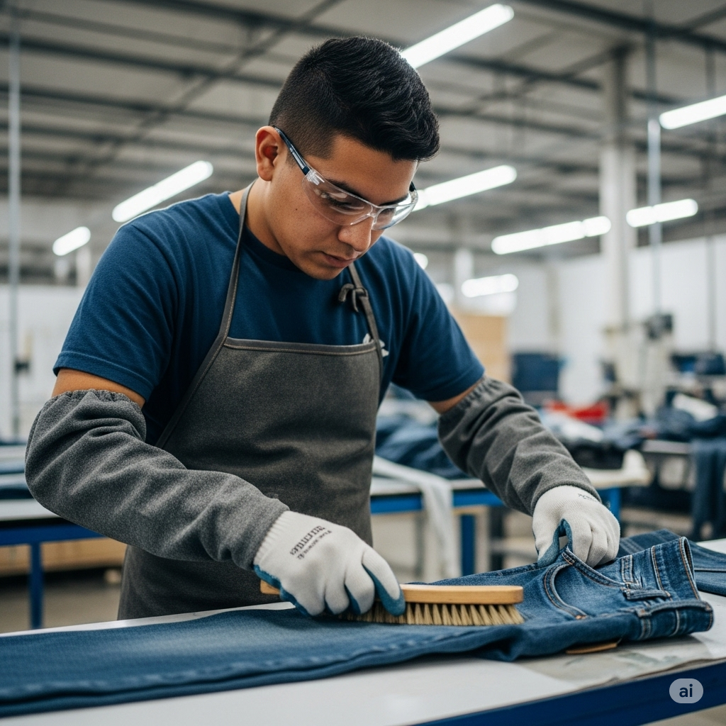Here is an image of a worker demonstrating safe practices while performing dry processing on jeans
