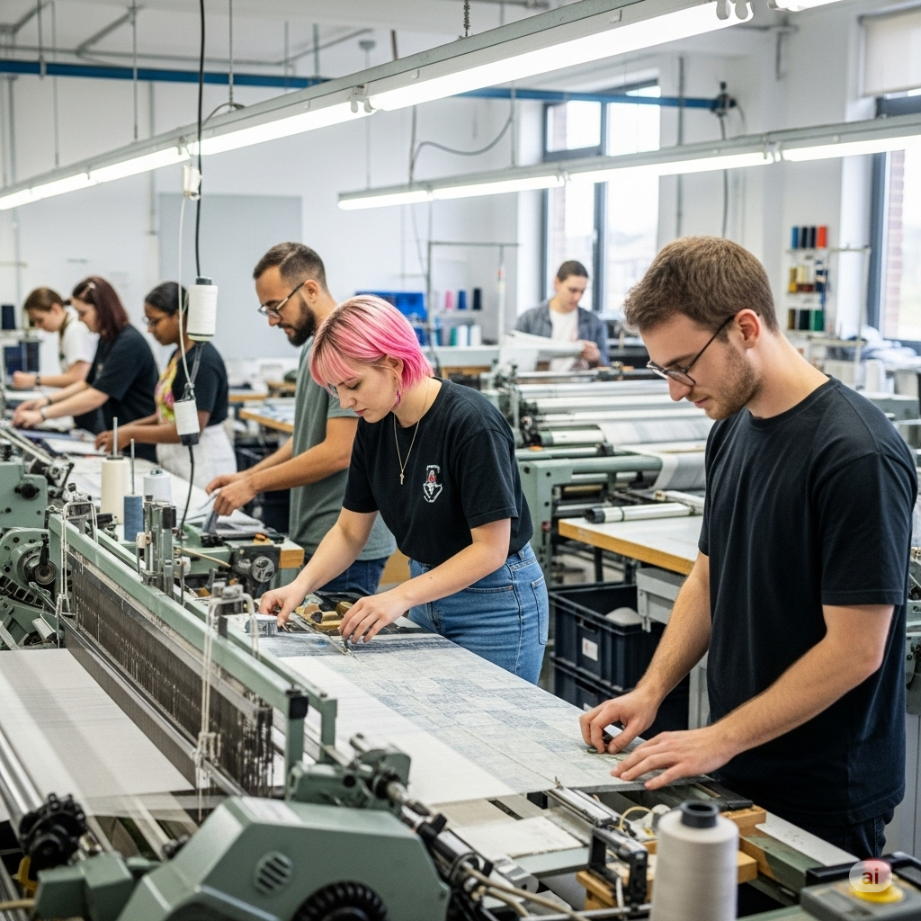 Here's an alternative view of textile university students in a workshop setting