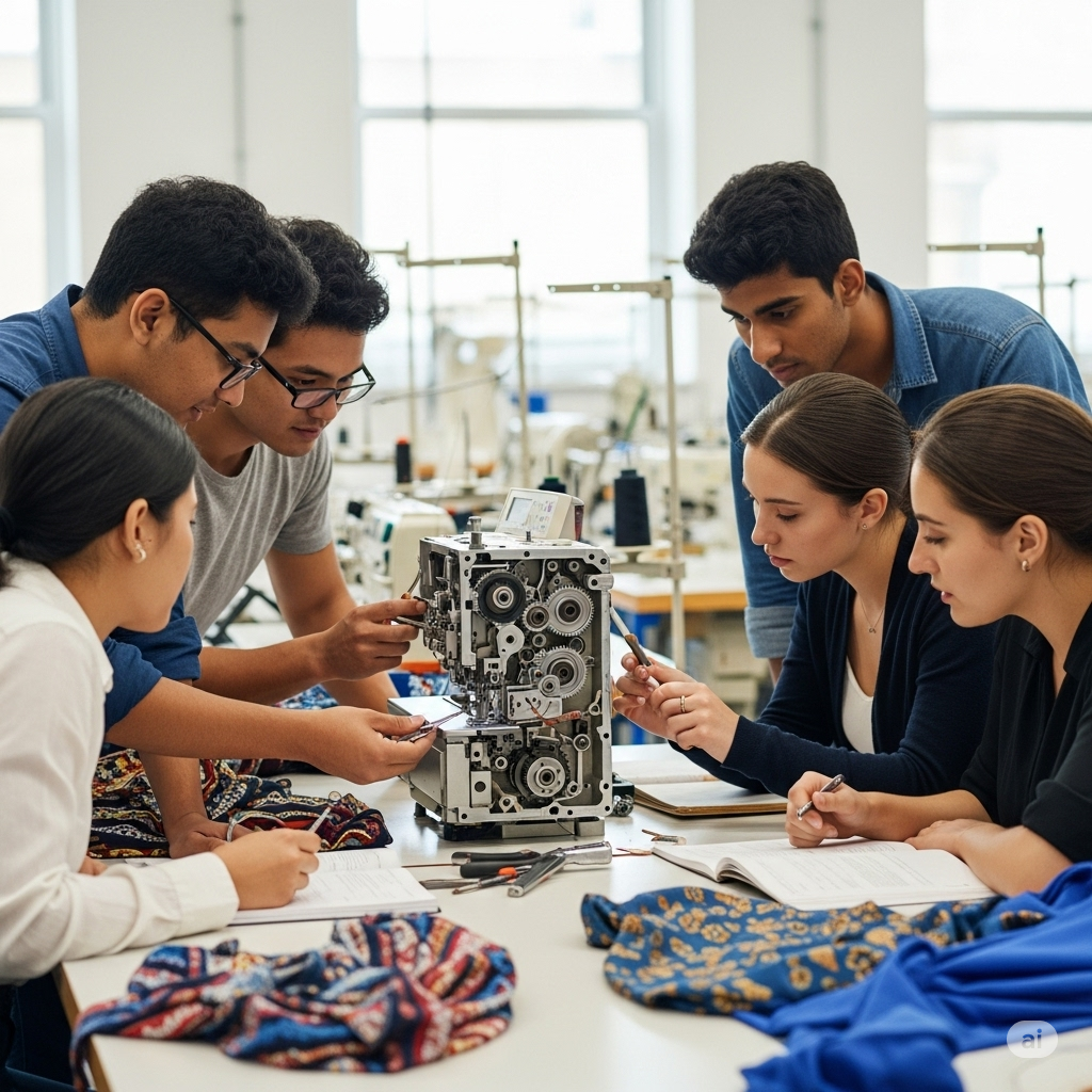 images showing textile university students learning about machine operations: