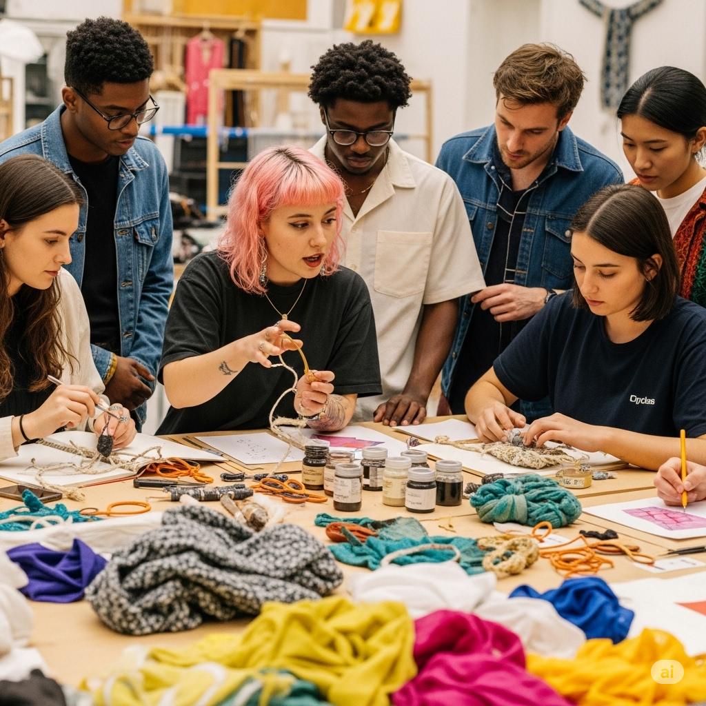 an image of textile university students in a workshop learning about sustainable textile practices: