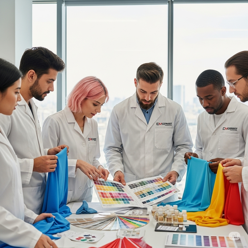 an image of textile dyeing professionals learning about color matching