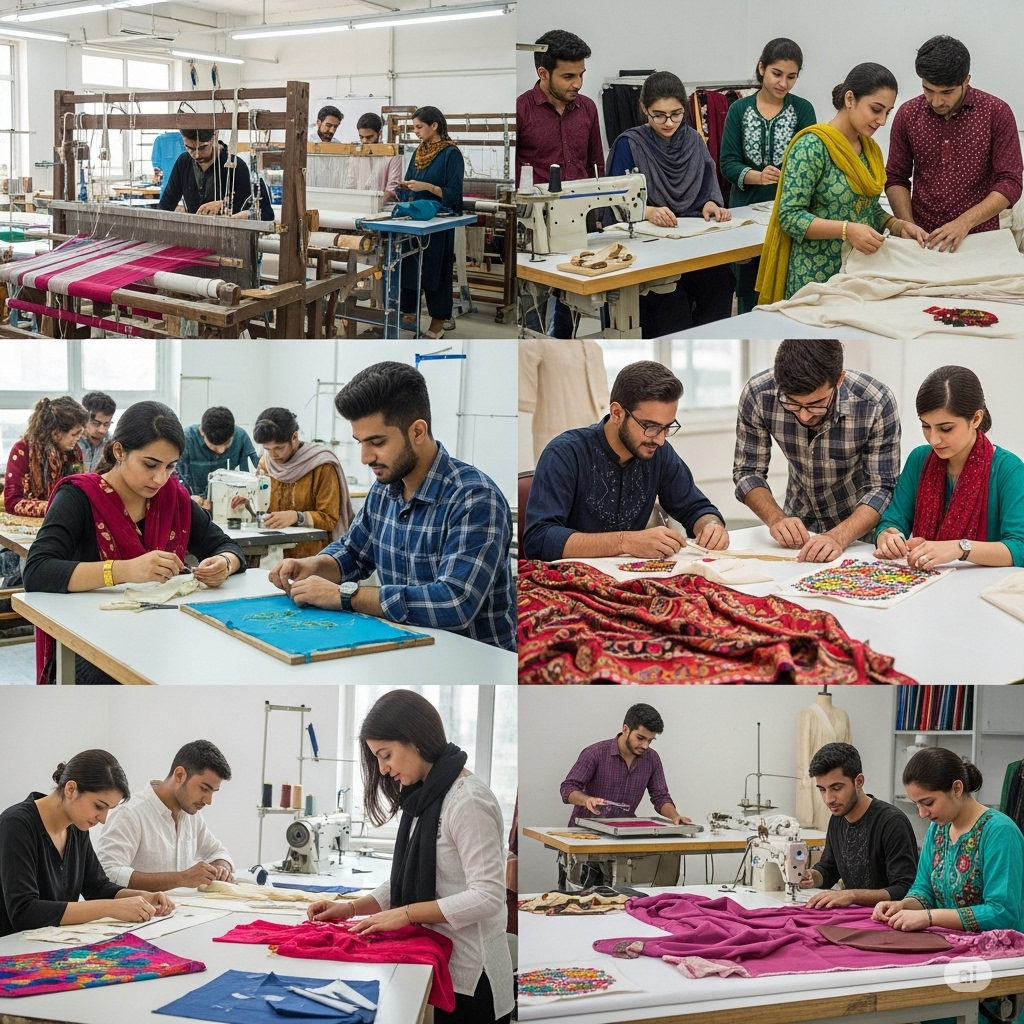 here's an image of textile students specializing in different disciplines at a textile university in Pakistan