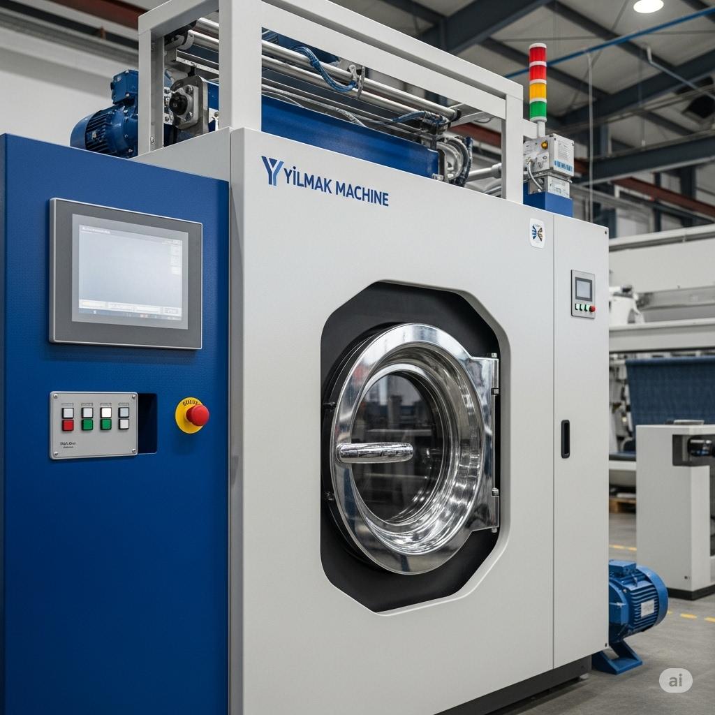 A detailed, professional photograph of a Yılmak Machine industrial washing and drying solution in a modern textile factory, highlighting the robust construction and advanced features of the machinery designed for denim processing.