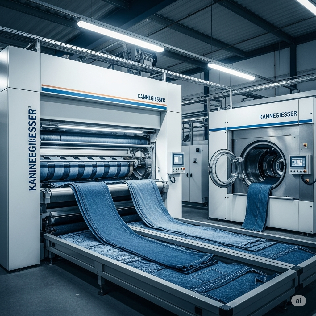 A high-definition, cinematic photograph of a Kannegiesser industrial laundry facility, showcasing advanced machinery like washers, dryers, and finishing equipment in a clean, modern setting, with denim fabrics being processed through various stages, highlighting efficiency and sustainable practices.