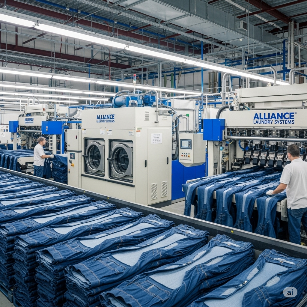 A detailed, high-quality, professional photograph showing Alliance Laundry Systems equipment used for denim processing, including industrial washing machines, dryers, and finishing machines, inside a busy denim manufacturing plant. The image captures the machinery in action, with denim garments in various stages of processing, and workers expertly operating the equipment.