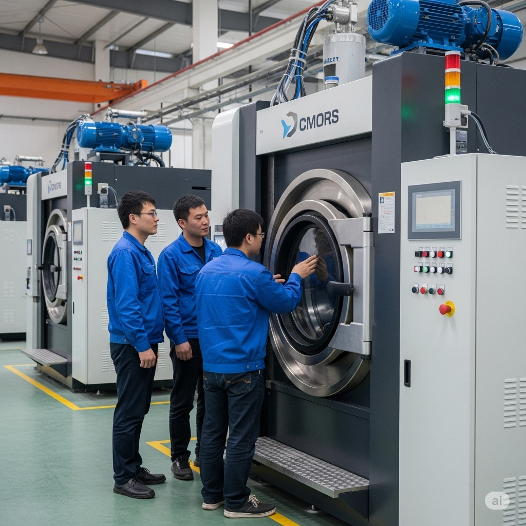 A vivid photo of a high-tech industrial facility in China, showing engineers inspecting a large, complex industrial washing machine designed specifically for denim processing, surrounded by similar machines in a large-scale operation.