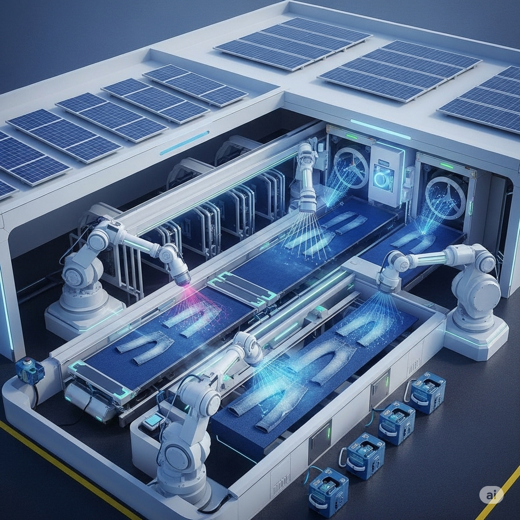 image showcases a futuristic denim washing facility that embodies sustainable practices. The scene features a sleek, automated factory where robotic arms precisely apply laser treatments and ozone washes to denim garments, highlighting minimal water and chemical usage. The building's design integrates solar panels, emphasizing renewable energy. The overall aesthetic is clean and modern, with bright colors reflecting the innovative technologies and the use of recycled materials in denim production. An aerial view captures the comprehensive and efficient process, portraying a sustainable and high-tech future for denim manufacturing.