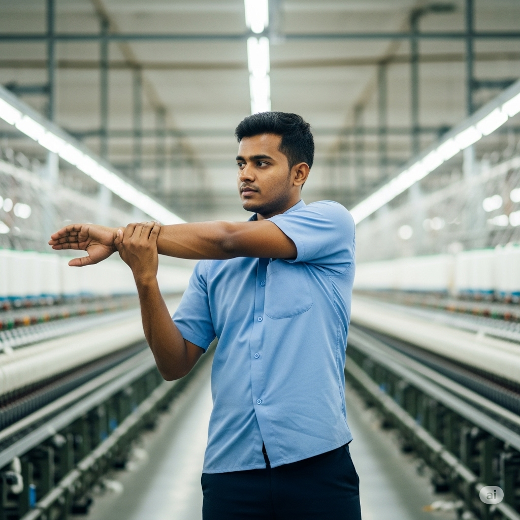 A young South Asian spinning mill worker in a clean, brightly lit factory stretches his arms and legs. The background shows rows of spinning machinery.