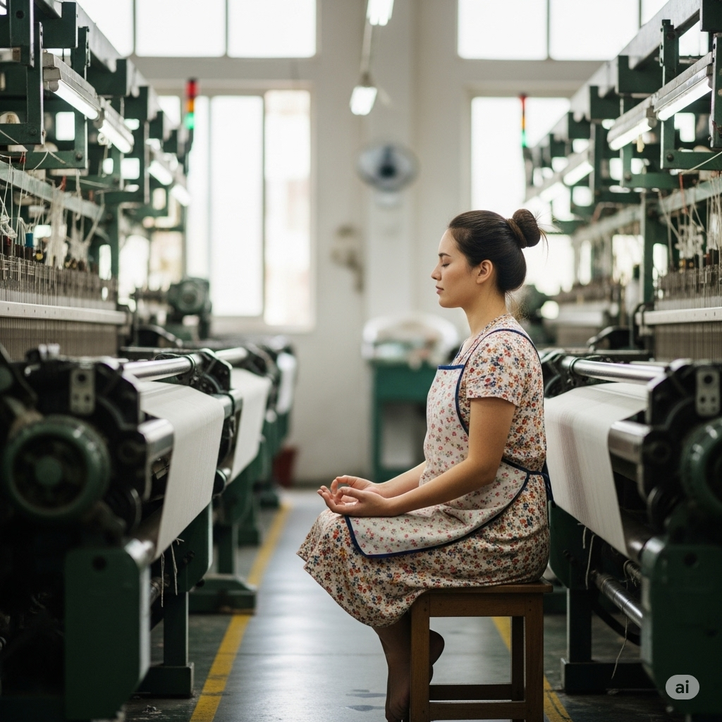 A young, female weaving mill worker meditates peacefully in a quiet corner of the bustling factory, her face serene amidst the vibrant machinery.