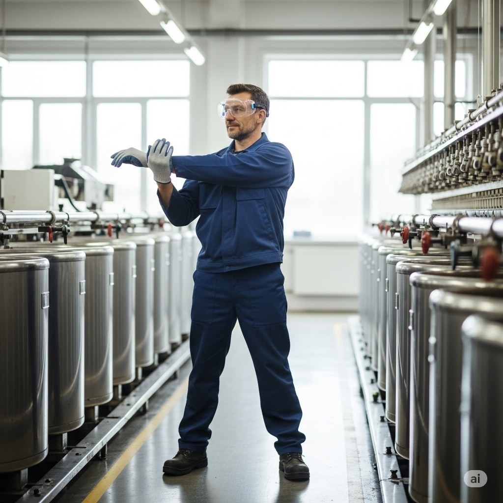 a dyeing and finishing mill worker demonstrating a healthy practice:
A mid-adult male mill worker stretches before his shift in a clean, modern textile mill with stainless steel dye vats.