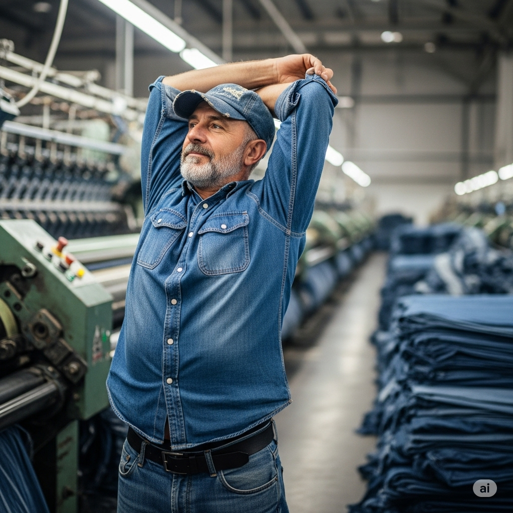 A middle-aged denim mill worker with a salt-and-pepper beard stretches his back in a denim mill, surrounded by machinery and stacked bales of fabric.